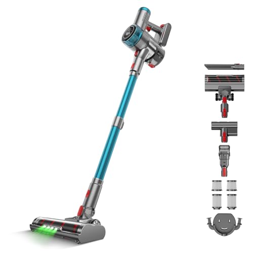 掃除機 コードレス【75Kpa真の強力吸引・革新版グリーンLEDライト・60分連続稼働・ダニ除去ブラシ付き・自立式ブラシヘッド・次世代LED液晶ディスプレイ・史上初の革新！】Laoynd コードレス掃除機 軽量 サイクロン 絡まないヘッド 伸縮パイプ 650Ｗ 3段吸引力 7重濾過着脱式バッテリー フロア/カーペット/カーテン/ソファ/本棚/車に 年末お掃除 PSE認証済み VC8